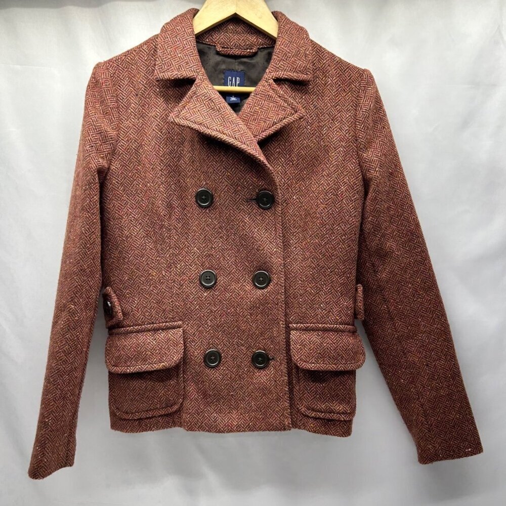 Vintage Wool Blend Coat By GAP Brown Herringbone Tweed Size 8 Pockets Martingale